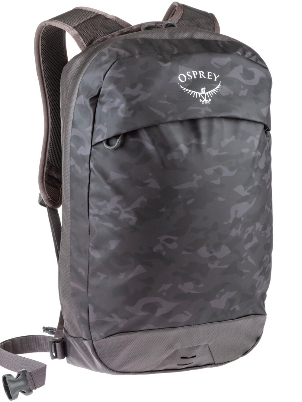 OSPREY  Transporter Panel Loader backpack in a black camo pattern.